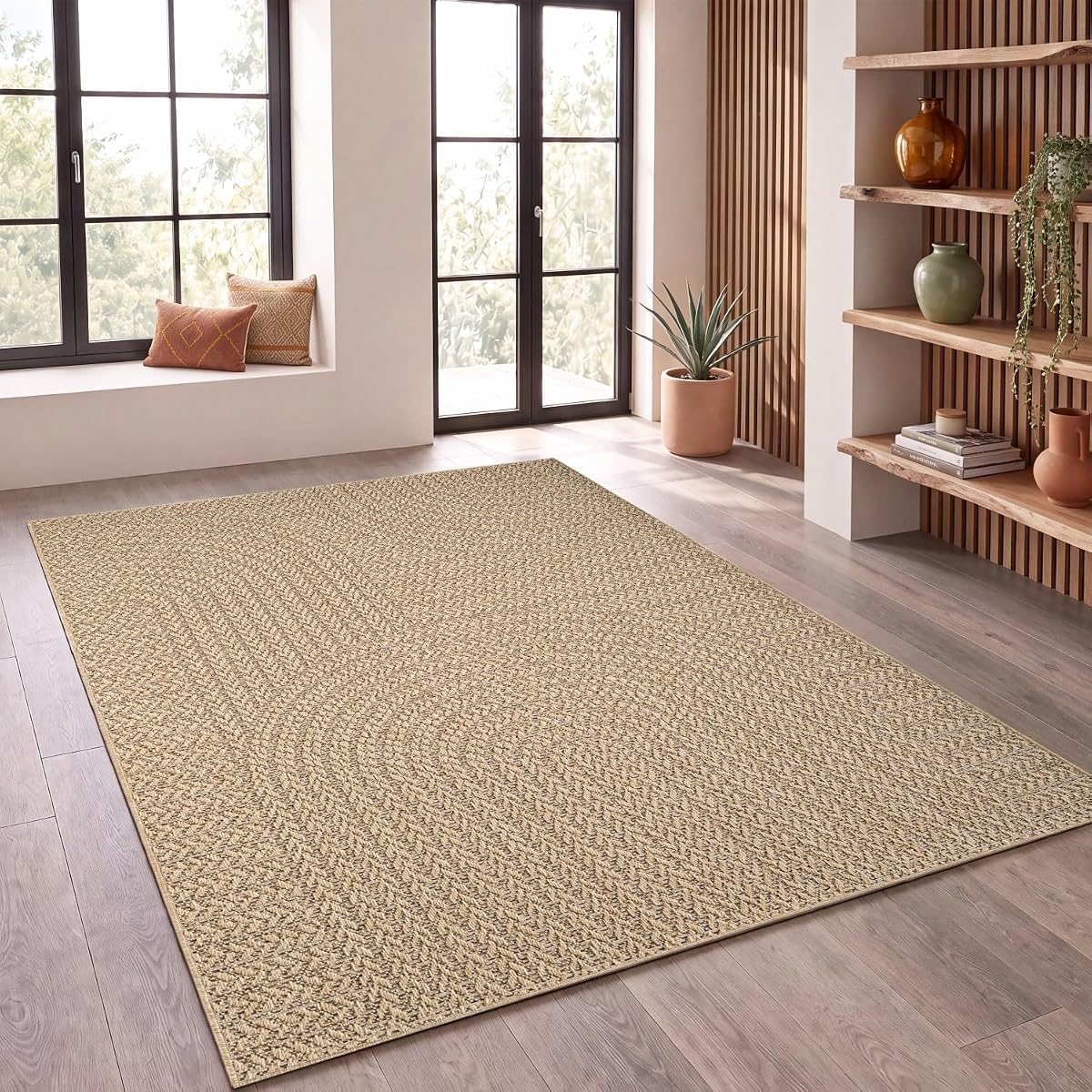 Tapis rectangulaire effet jute beige et noir posé à plat sur une terrasse en pierre claire.