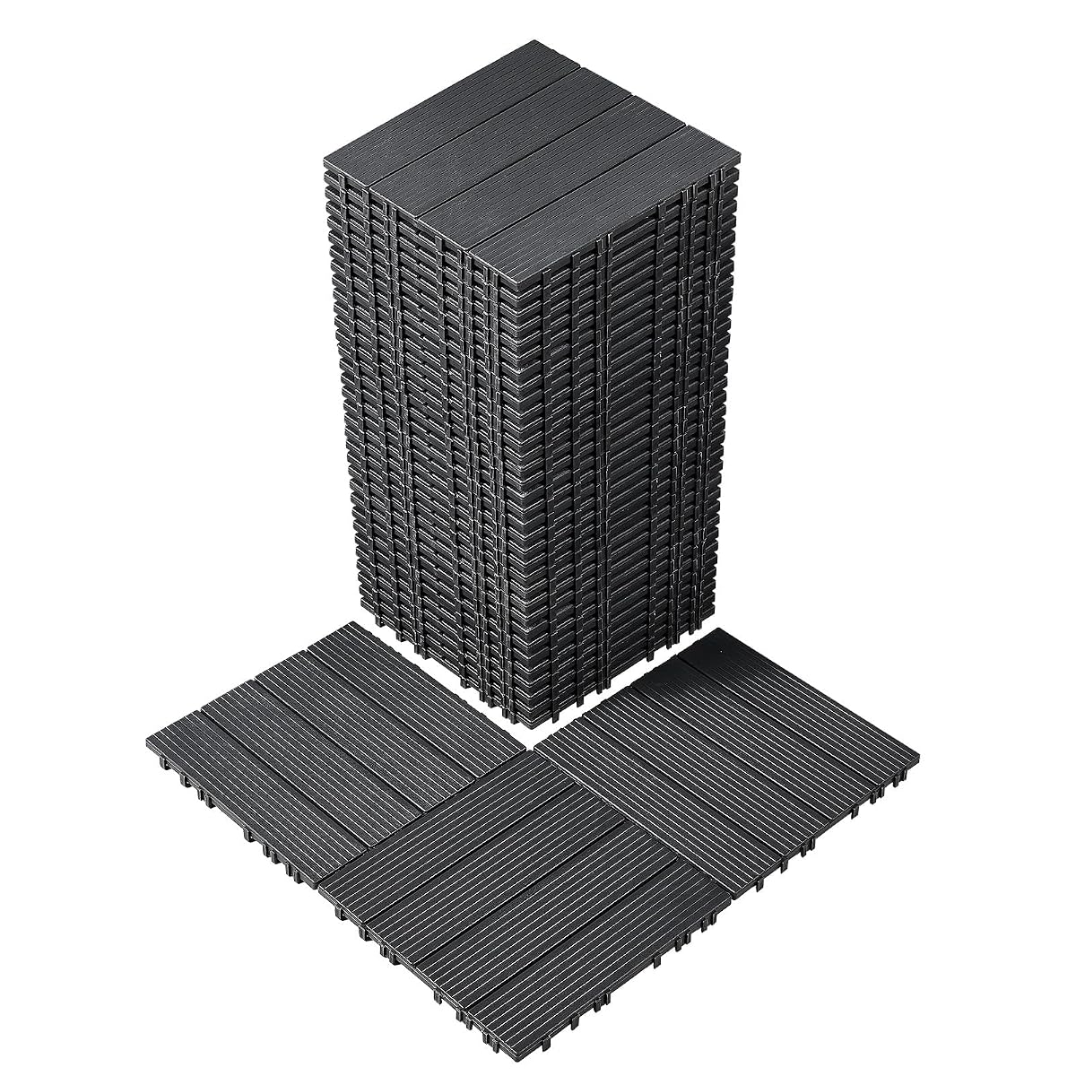 Grille de 36 dalles de terrasse clipsables gris foncé, avec relief à l’aspect bois et joints drainants