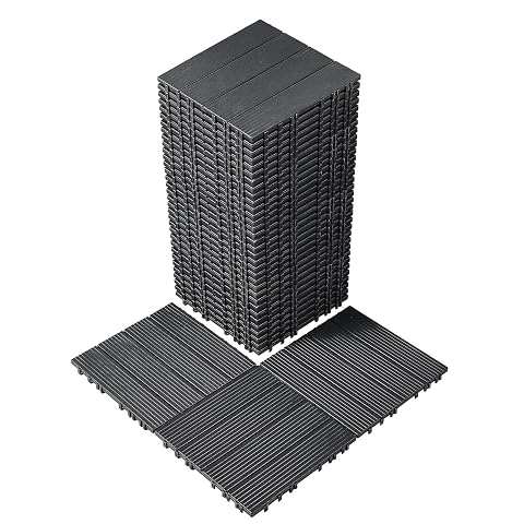 Grille de 36 dalles de terrasse clipsables gris foncé, avec relief à l’aspect bois et joints drainants