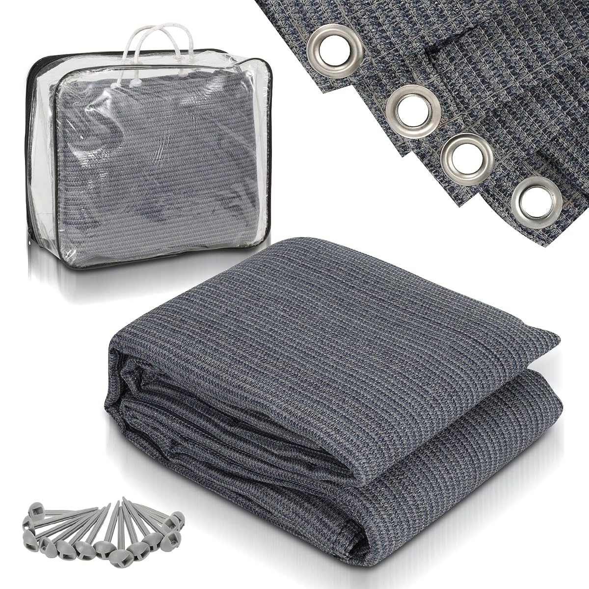 Tapis d’auvent gris bleu de 3 × 5 m déployé devant un auvent, avec ses piquets et son sac