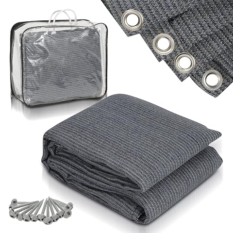 Tapis d’auvent gris bleu de 3 × 5 m déployé devant un auvent, avec ses piquets et son sac