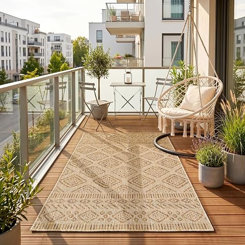 Tapis extérieur beige à motif de losanges posé sur un petit balcon en pierre claire