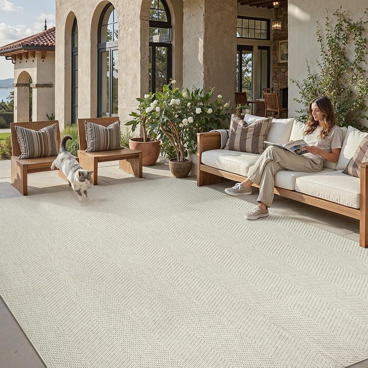 Tapis extérieur beige à motif géométrique et aspect jute posé sur une terrasse claire après la pluie