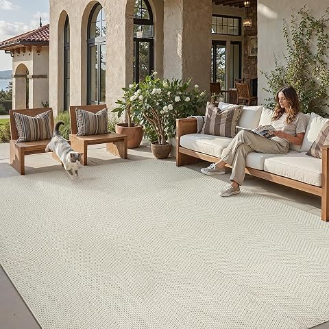 Tapis extérieur beige à motif géométrique et aspect jute posé sur une terrasse claire après la pluie