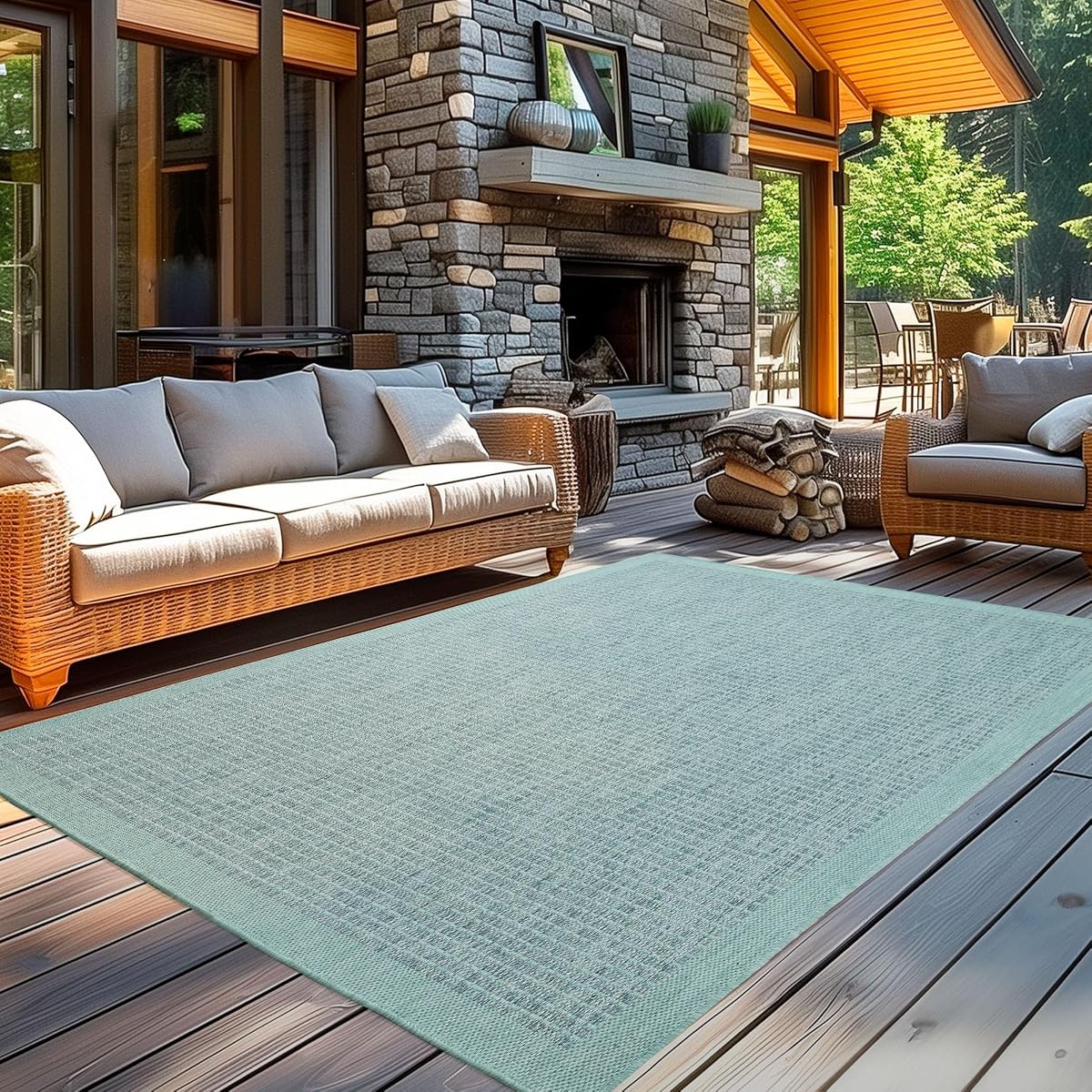 Tapis rectangulaire bleu uni à tissage plat posé sur une terrasse en pierre claire