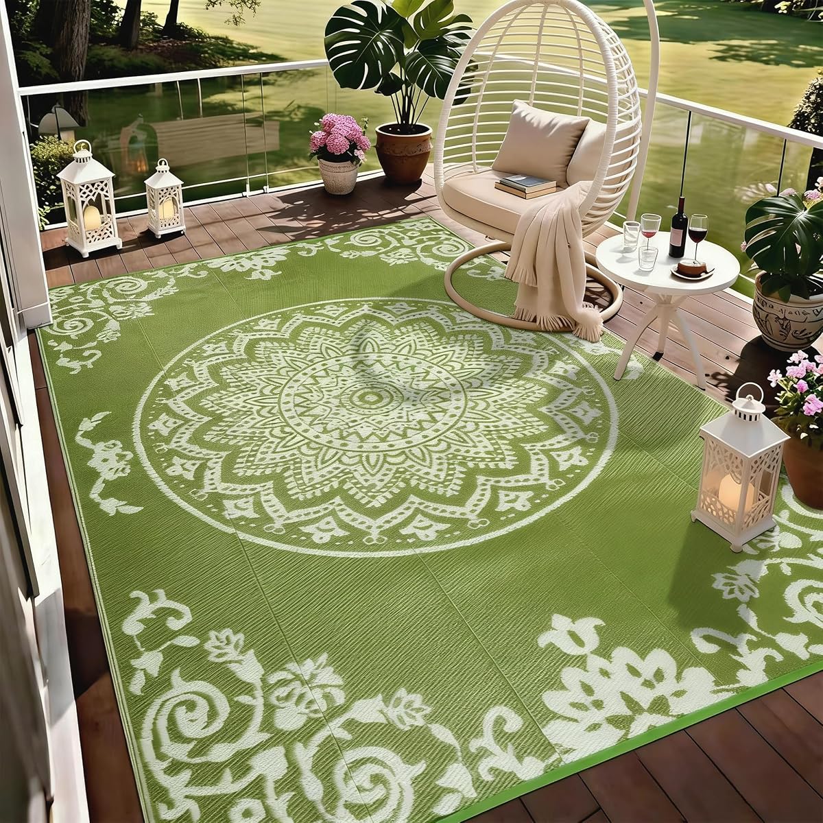 Tapis d’extérieur réversible à fleurs vert et blanc déployé sur une terrasse en bois après la pluie