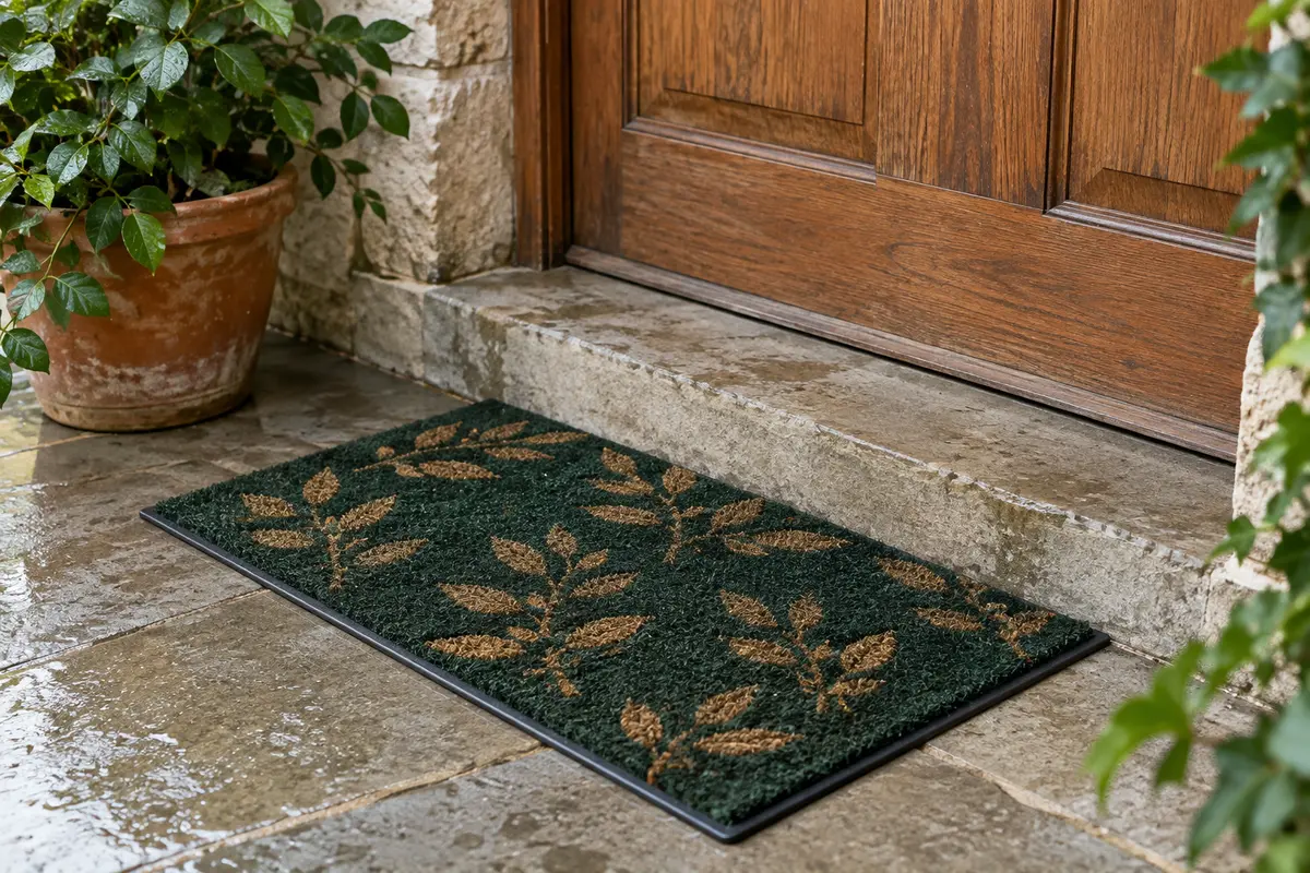 Paillasson imperméable devant une porte d’entrée sur un seuil en pierre