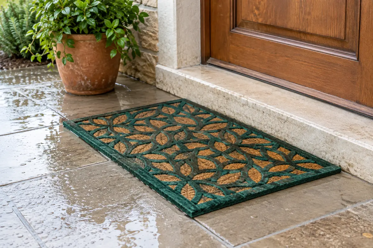 Tapis d’entrée extérieur ajouré posé sur un seuil en pierre