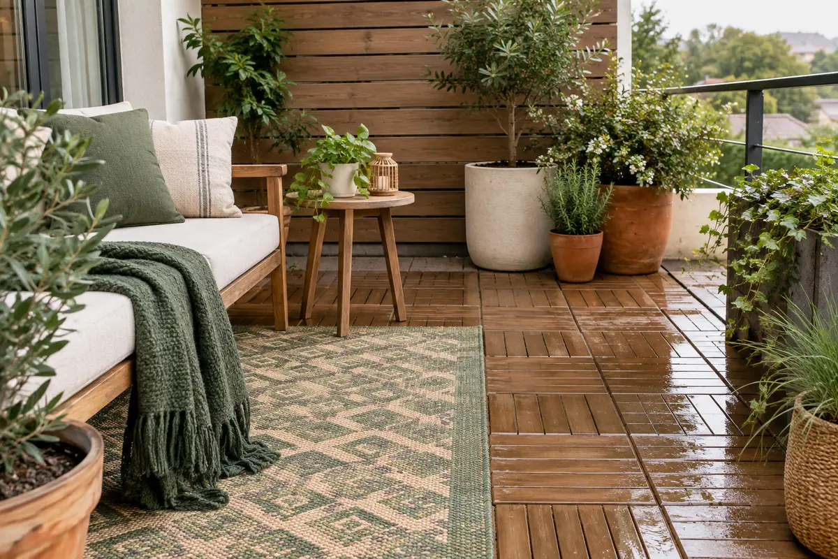 Dalles clipsables et caillebotis installés sur un sol de terrasse extérieure