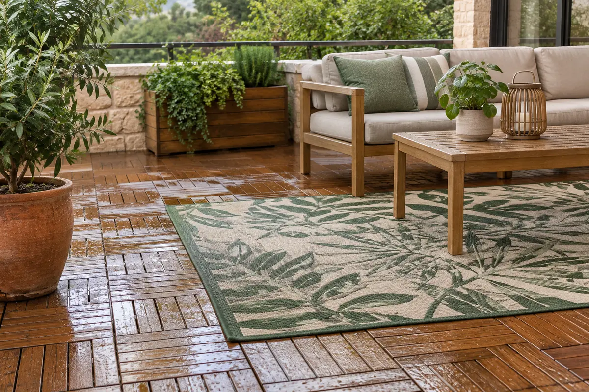 Dalles clipsables assemblées sur une terrasse avec leur système d’emboîtement visible