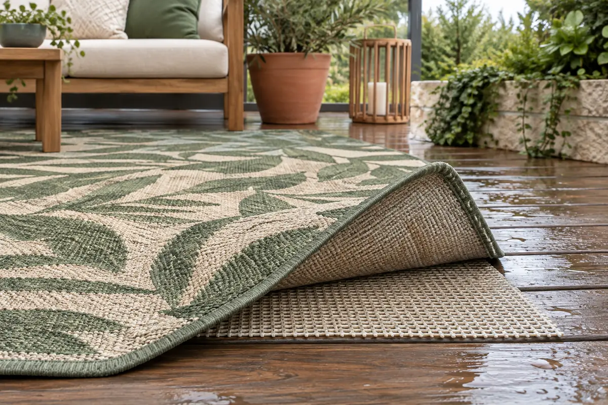 Sous-couche visible sous un tapis d’extérieur soulevé sur une terrasse