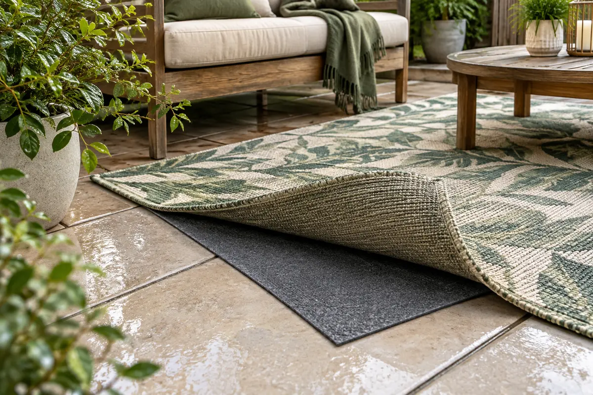 Protection de sol placée sous un tapis extérieur sur des dalles de terrasse