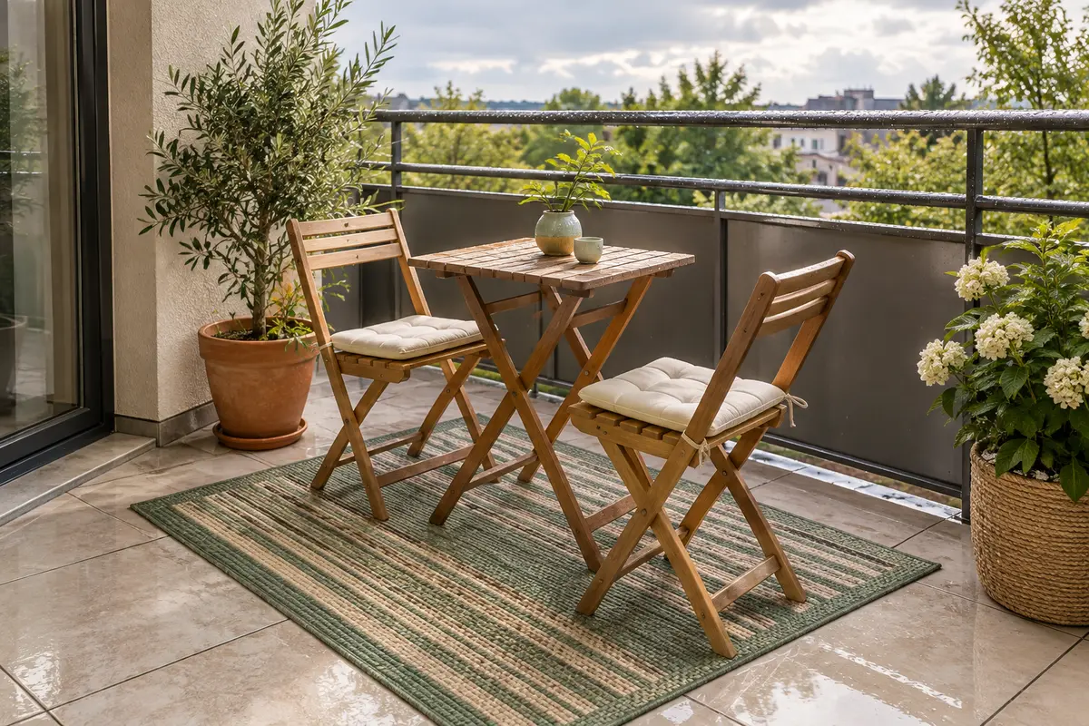 Petit tapis d’extérieur installé sur un balcon avec des plantes en pot