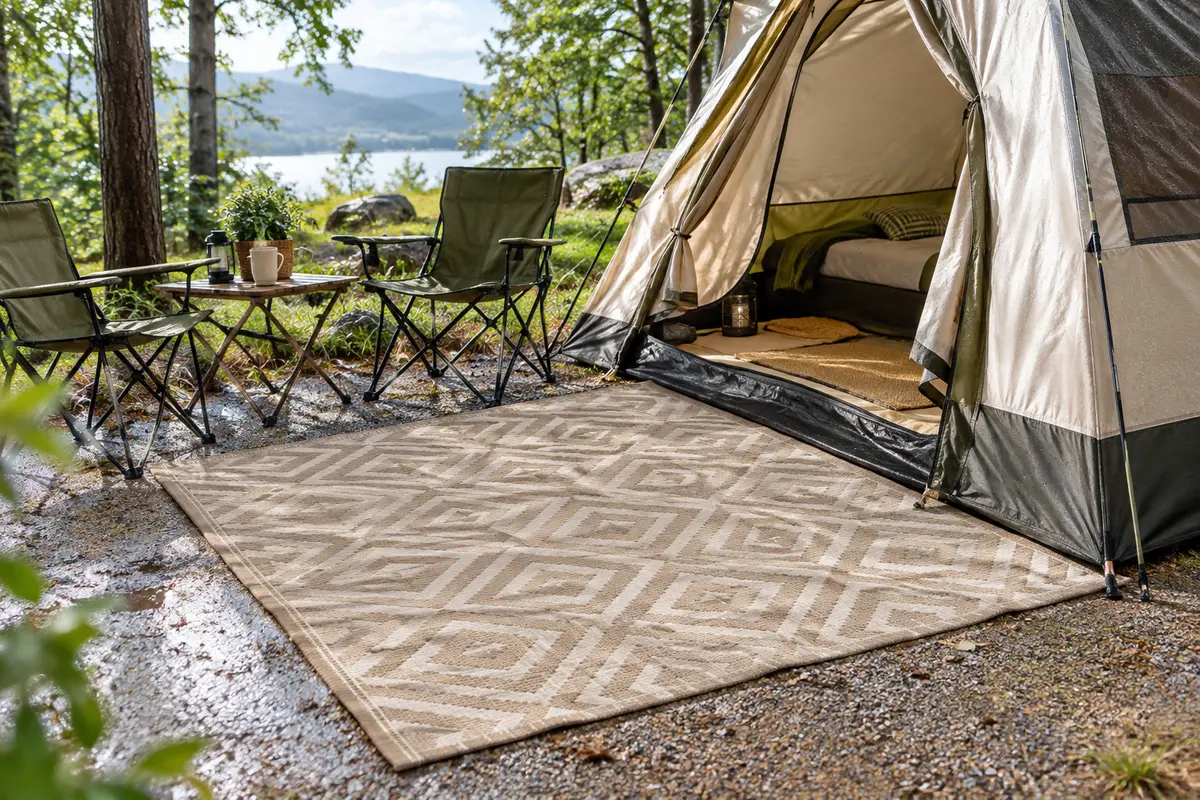 Tapis de sol extérieur installé devant une tente sur un emplacement de camping