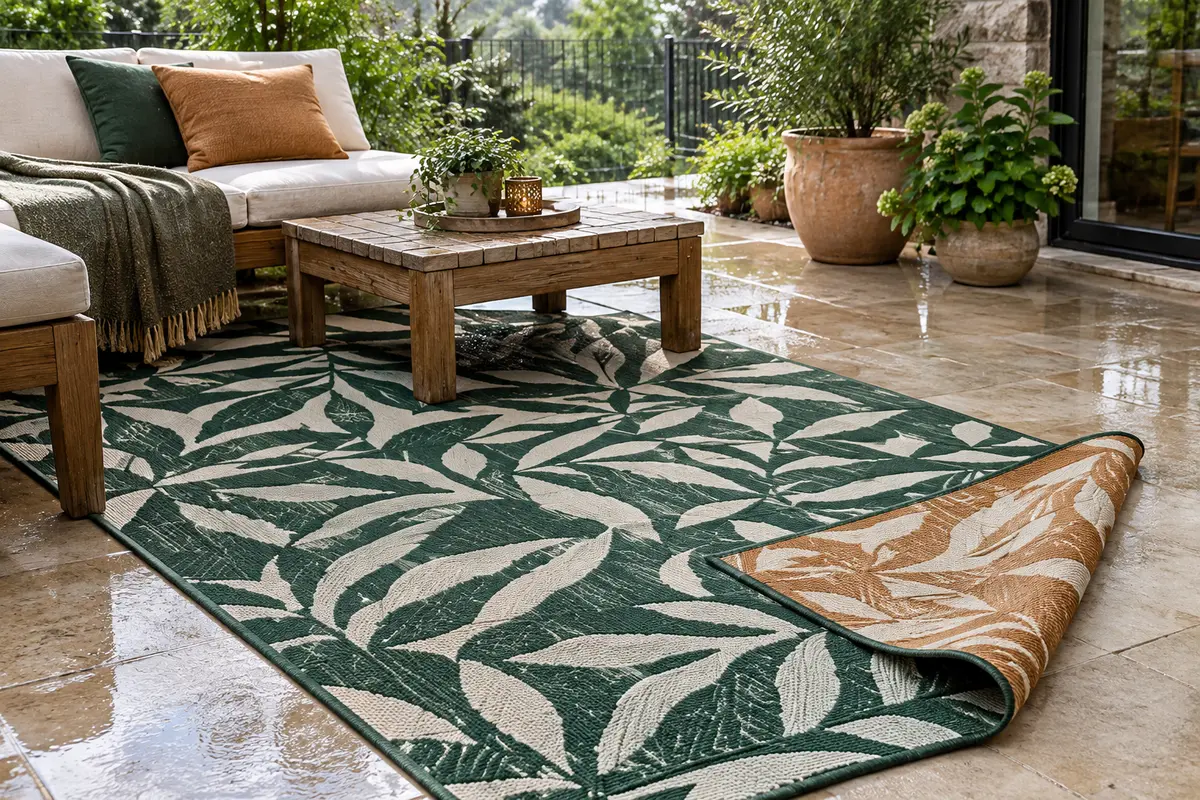 Tapis d’extérieur réversible montrant ses deux motifs sur une terrasse
