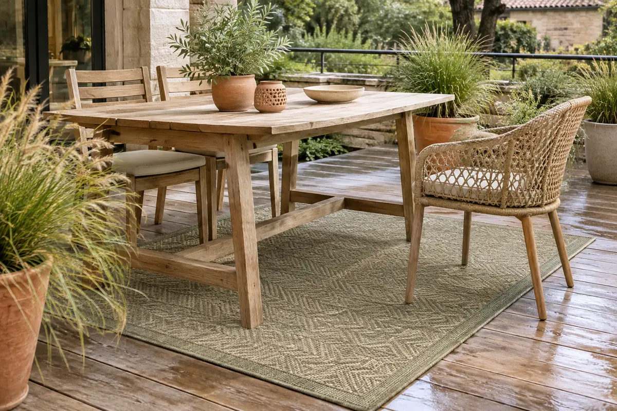 Tapis de terrasse sous une table de jardin, entouré de plantes en pot