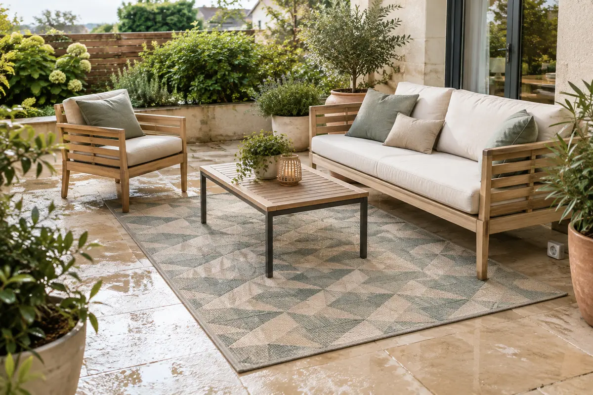 Tapis extérieur discret assorti à un mobilier de jardin sobre sur une terrasse aménagée