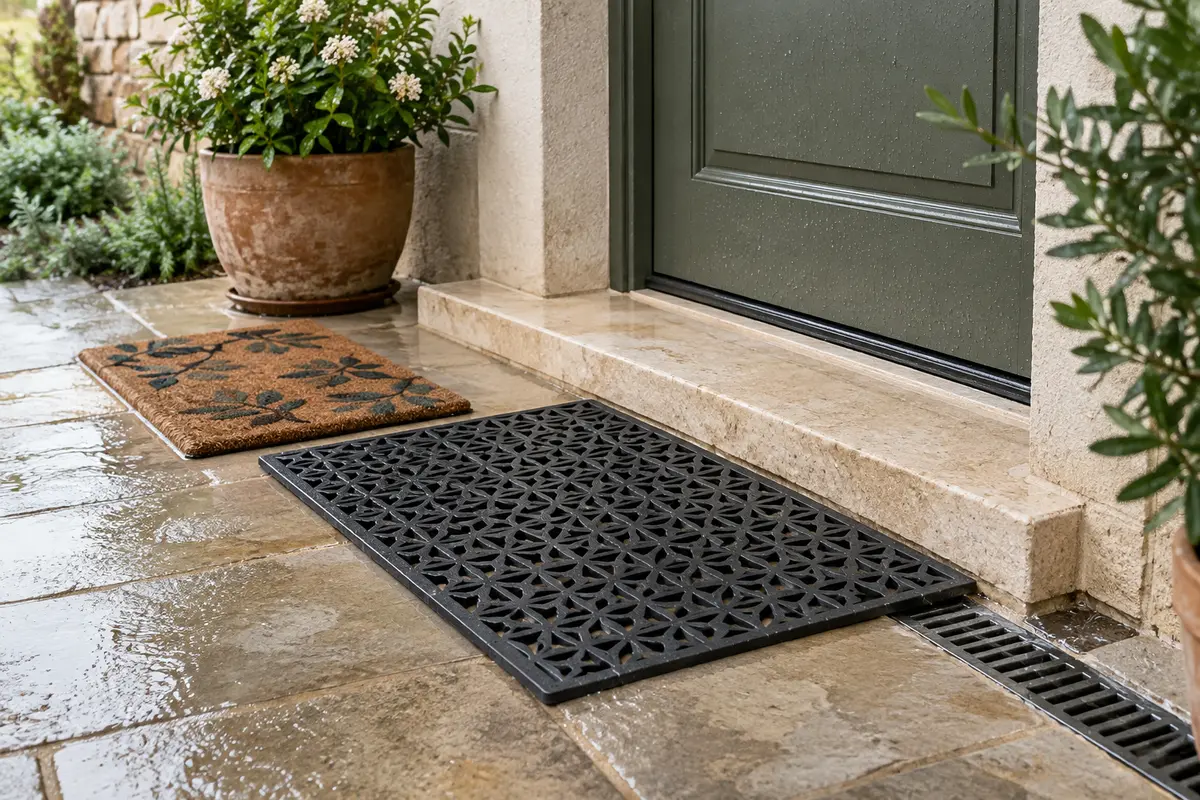 Paillasson imperméable et tapis drainant posés devant une porte extérieure après la pluie