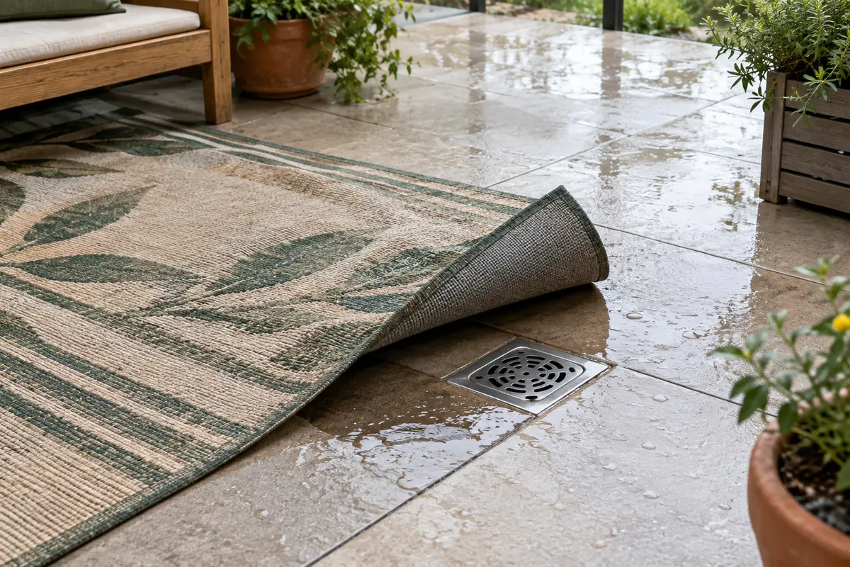 Tapis d’extérieur légèrement soulevé près d’une évacuation sur une terrasse humide après la pluie