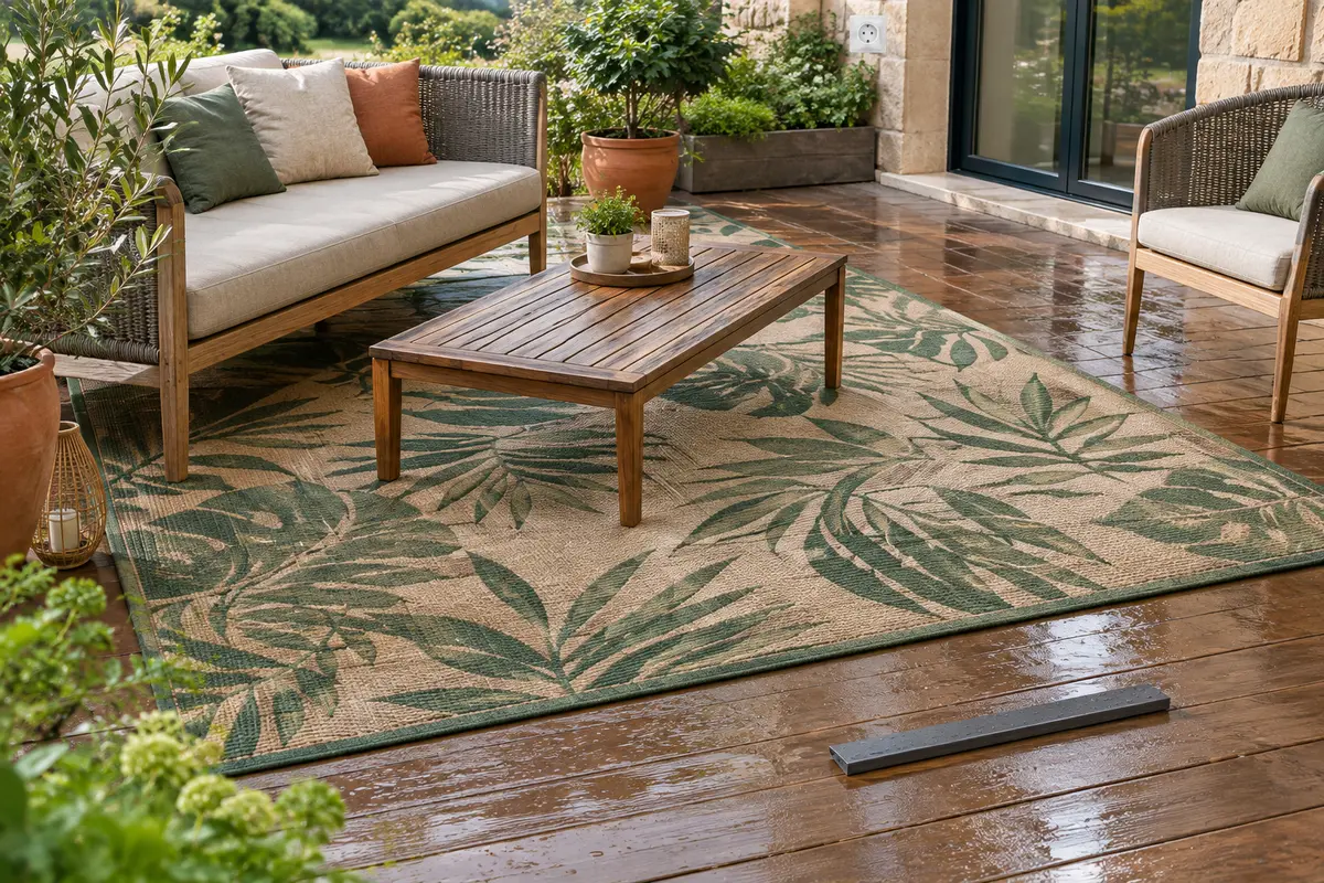 Tapis d’extérieur maintenu à plat sur une terrasse, avec un sous-tapis antidérapant visible sous un angle relevé.