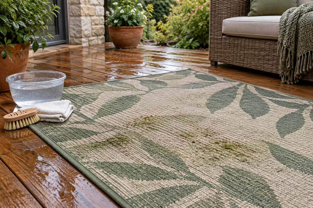 Tapis d’extérieur marqué de traces vertes sur une terrasse humide, avec une brosse douce posée à côté.