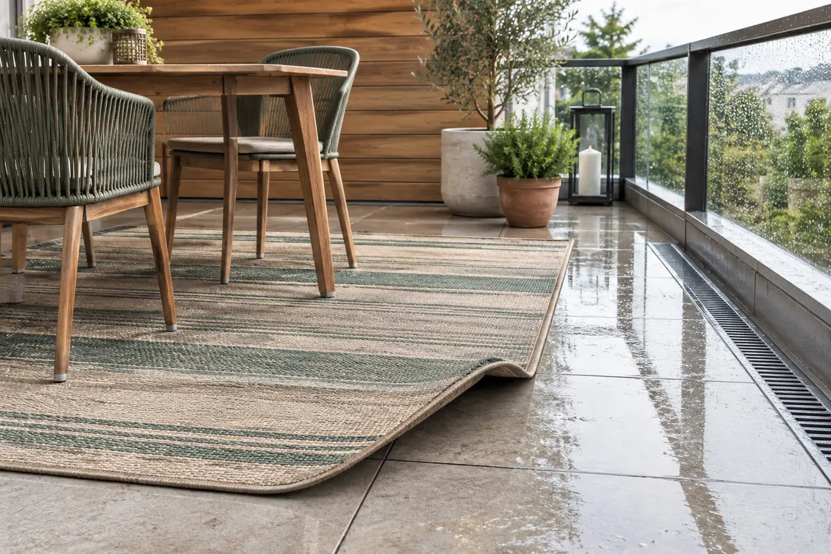 Tapis d’extérieur soulevé sur un balcon pour aérer et vérifier le sol après la pluie