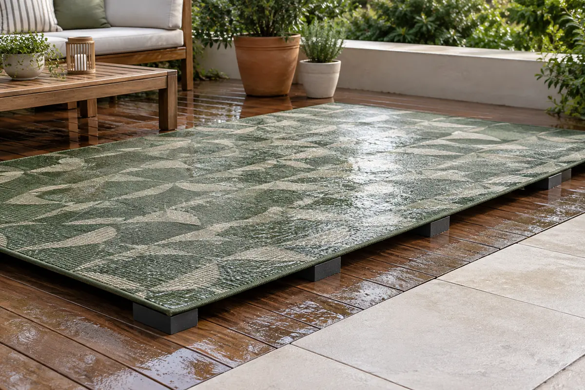 Tapis d’extérieur humide surélevé sur une terrasse pour sécher avec de l’air sous sa surface.