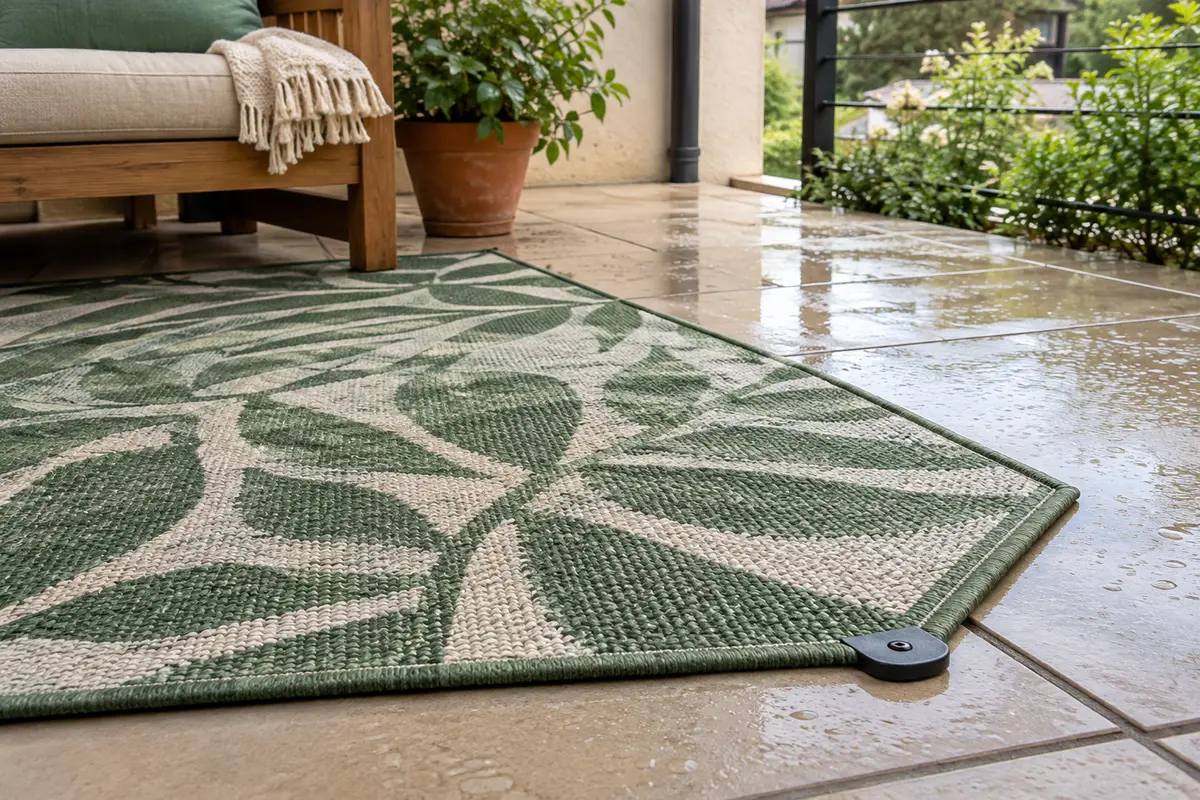 Tapis d’extérieur fixé sur des dalles après la pluie, avec les joints et l’évacuation du sol dégagés.