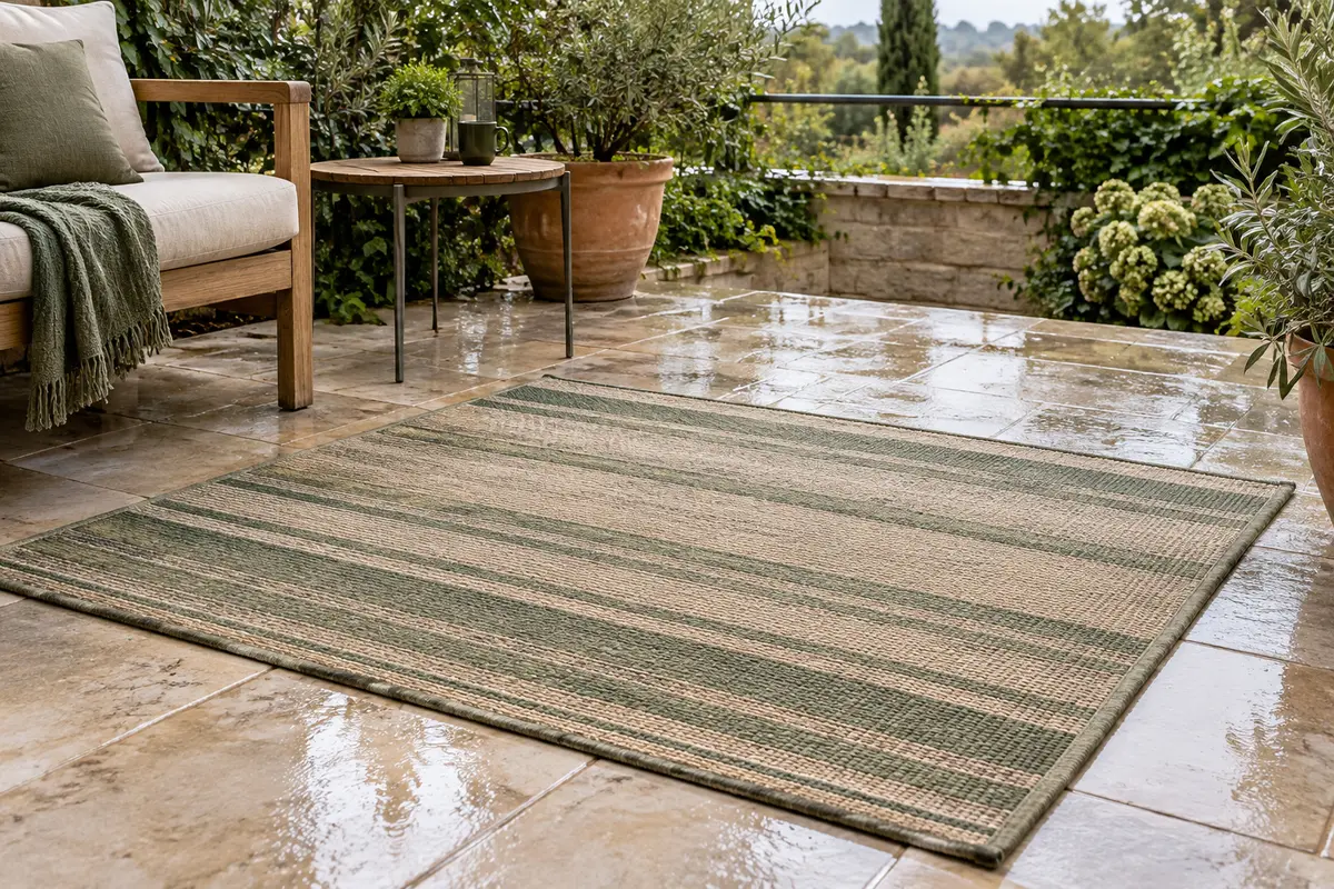 Tapis d’extérieur tissé à plat sur une terrasse humide après une averse, avec l’écoulement dégagé