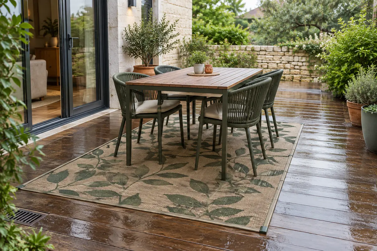 Tapis d’extérieur matérialisé sur une terrasse, avec porte et passage dégagés