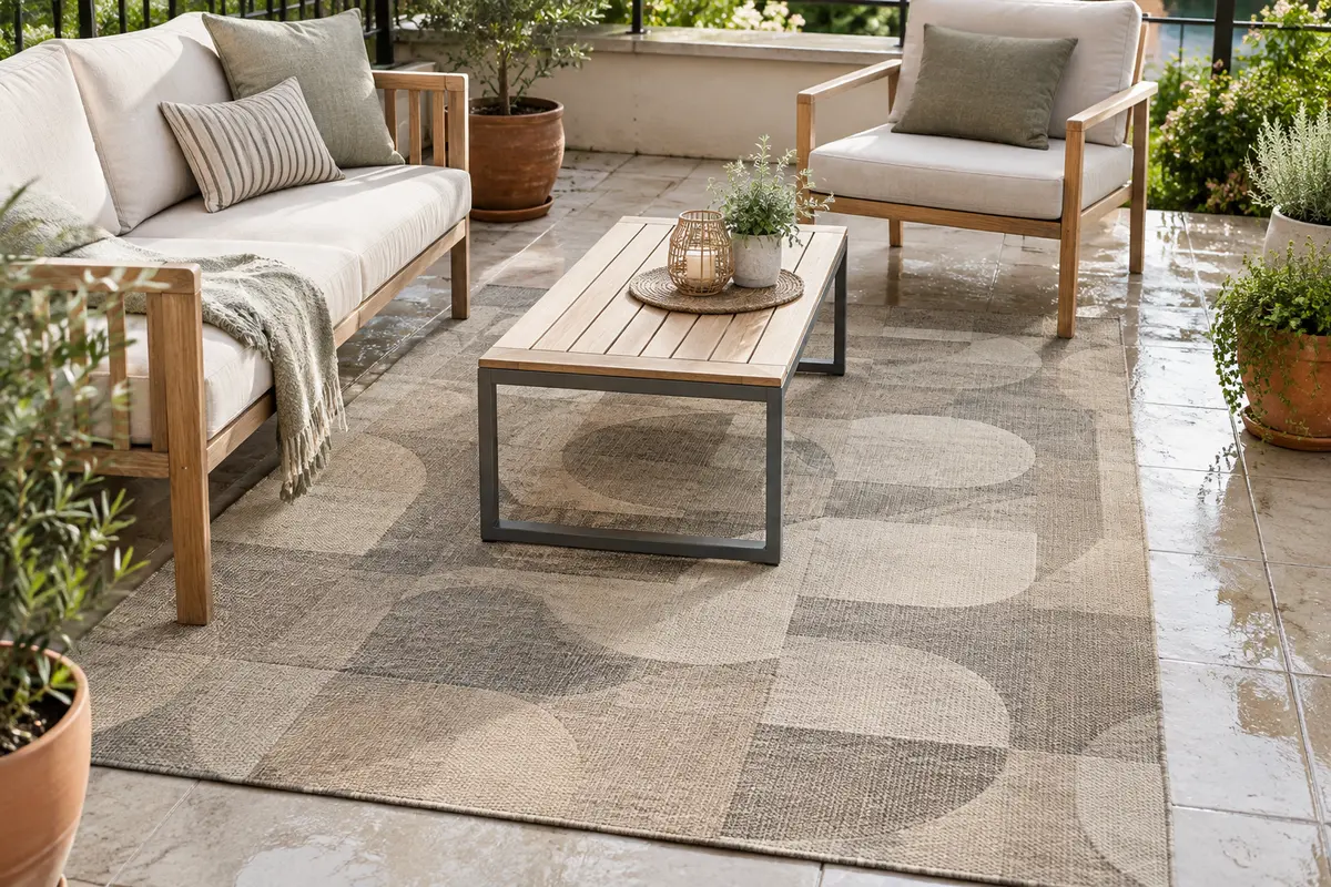 Tapis d’extérieur à motif discret et teintes claires sur une terrasse lumineuse avec mobilier sobre