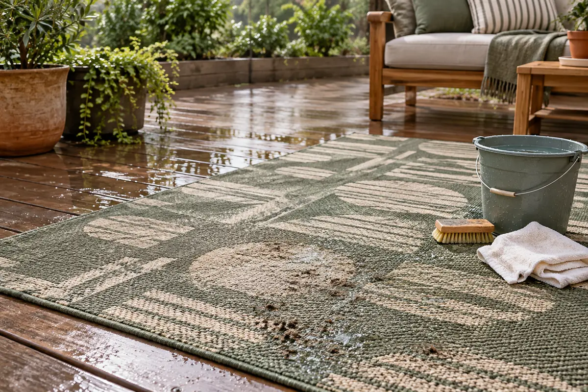 Tapis d’extérieur marqué par la boue sur une terrasse après la pluie, avec linge et brosse douce.