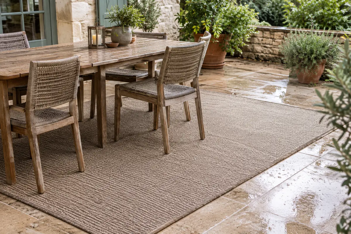 Tapis d’extérieur à tissage plat sur une terrasse humide, avec ses bords et sa texture visibles