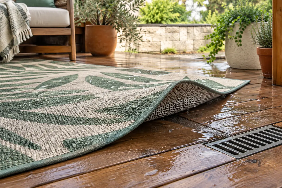 Tapis d’extérieur soulevé sur une terrasse en bois pour montrer la protection ajourée et le drain dégagé