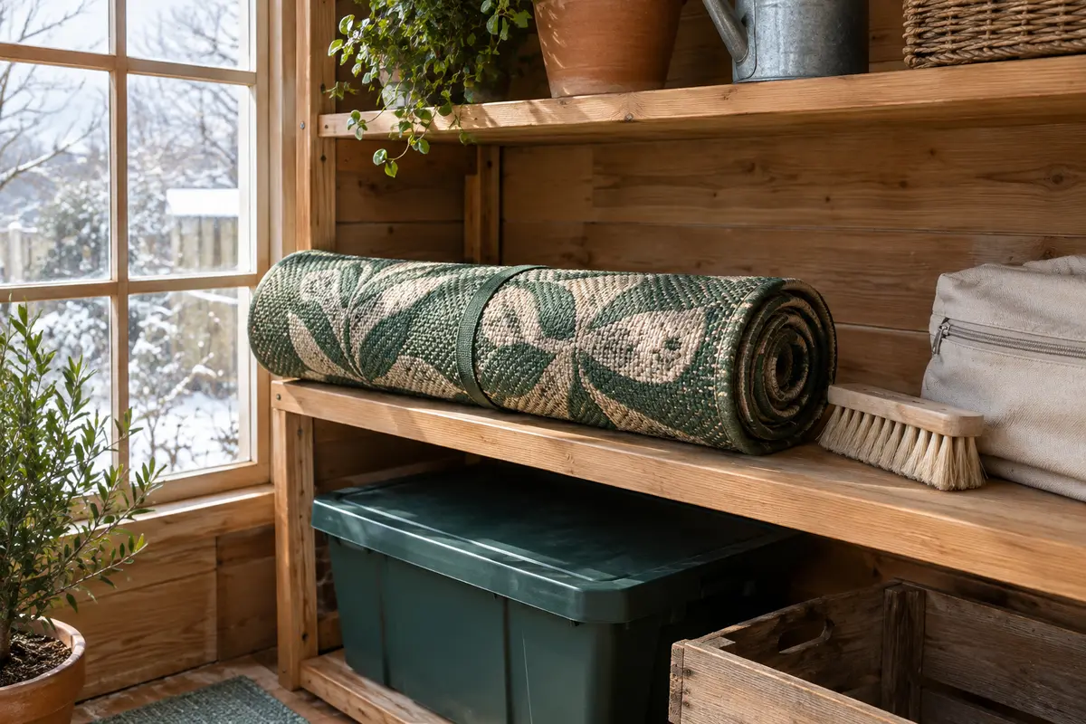 Tapis d’extérieur sec et enroulé sur une étagère dans un espace de rangement ventilé.