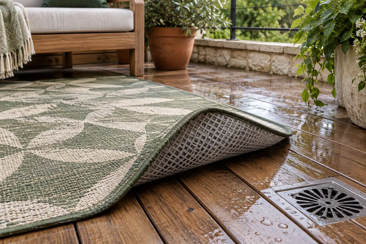 Sous-couche ajourée visible sous un tapis extérieur sur une terrasse en bois après la pluie.