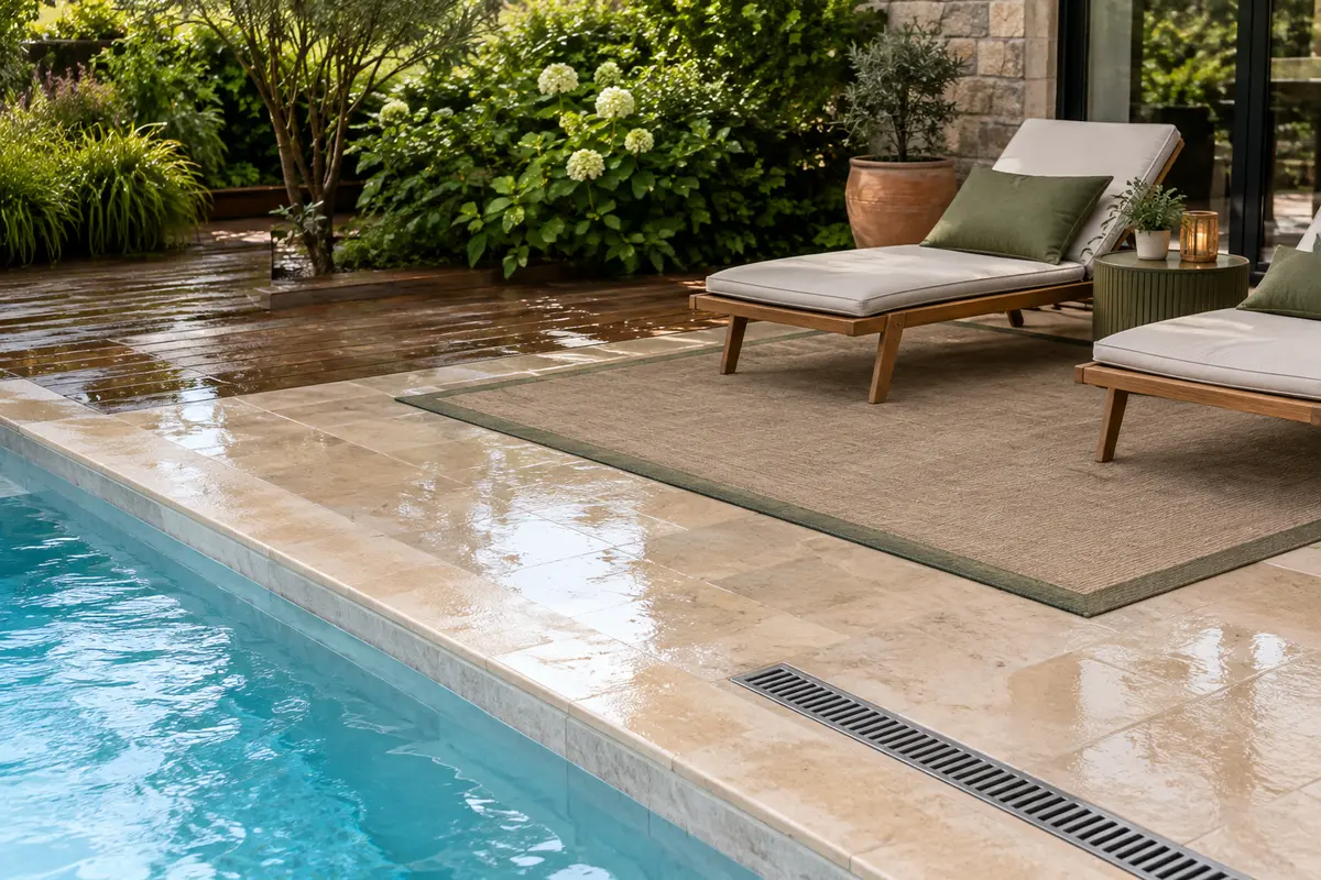 Tapis extérieur posé à l’écart du passage sur une terrasse de piscine, avec accès au bassin dégagé.
