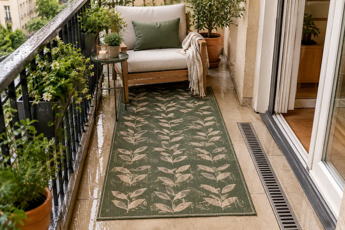 Petit balcon avec tapis rectangulaire laissant libres la porte, le passage et la grille d’évacuation