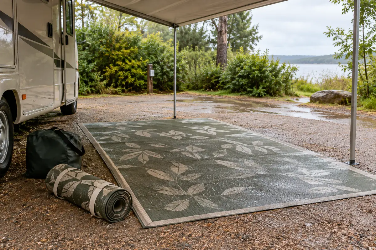 Tapis de camping sous un auvent après la pluie, avec son sac de rangement posé à proximité.