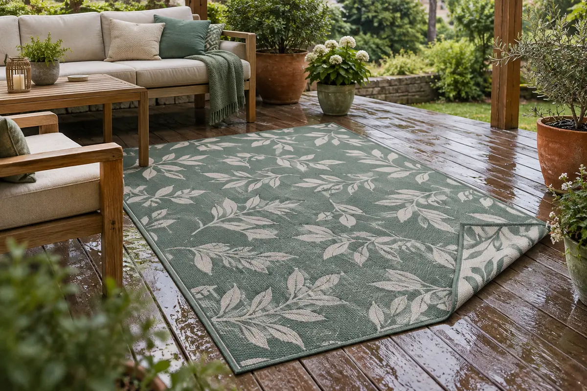 Tapis d’extérieur réversible sur une terrasse de jardin, avec ses deux motifs visibles près du mobilier.