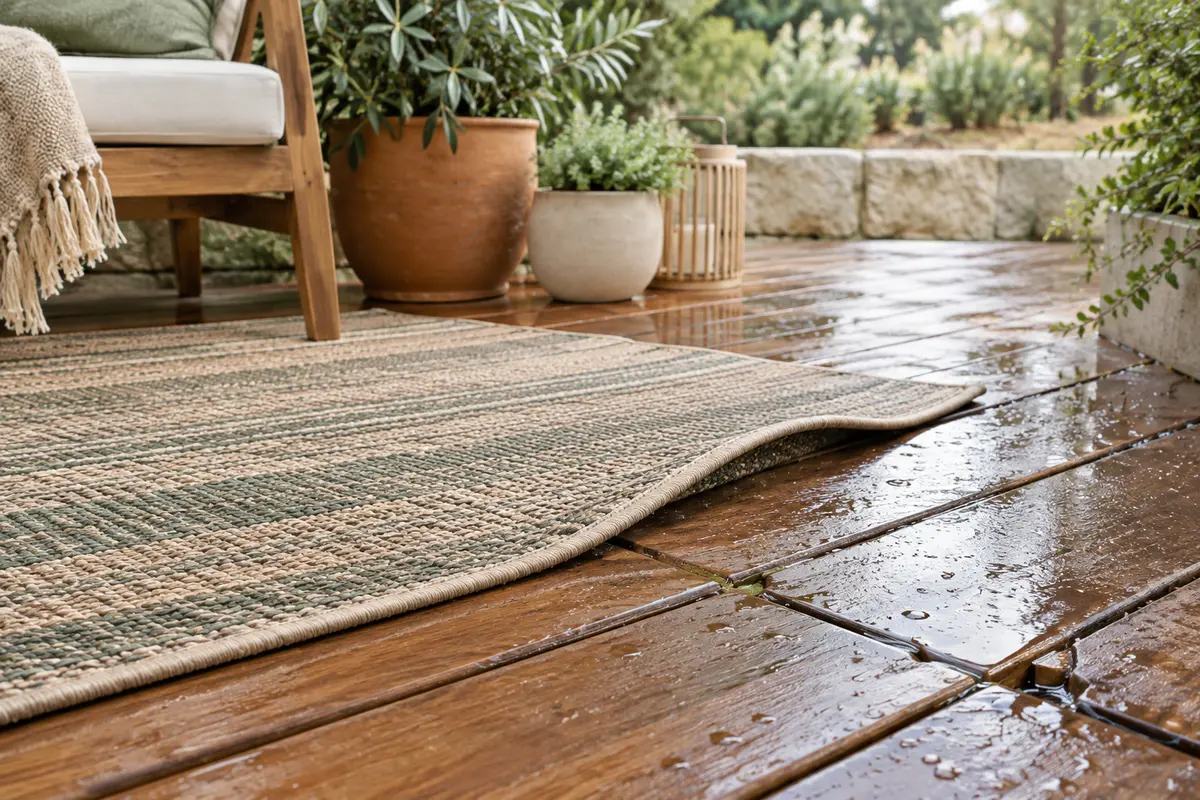 Tapis d’extérieur posé sur des lames en bois avec joints et évacuation d’eau visibles