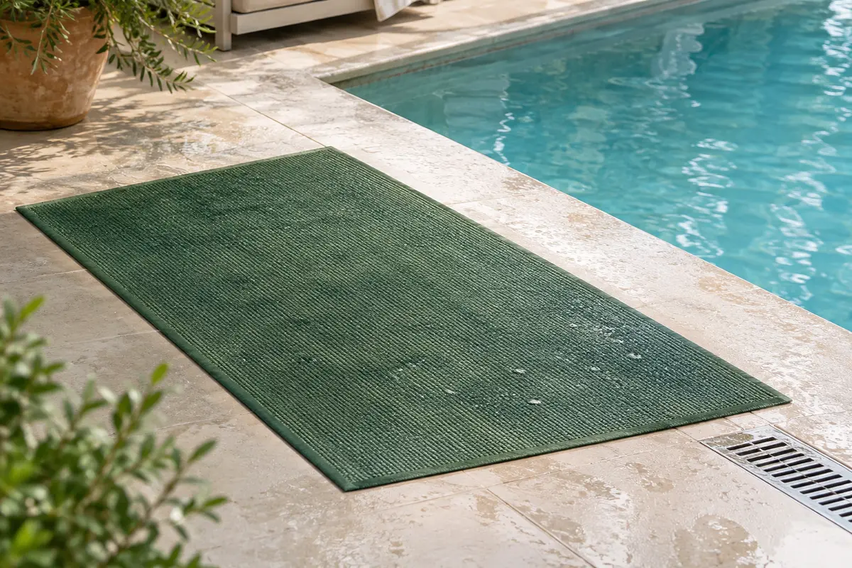 Tapis drainant posé à plat sur une terrasse près d’une piscine, avec une évacuation laissée libre