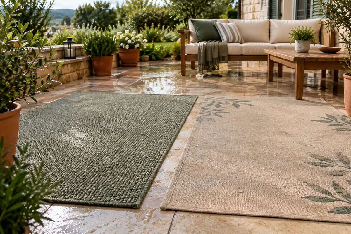 Deux tapis d’extérieur de tissages différents sèchent sur une terrasse après la pluie