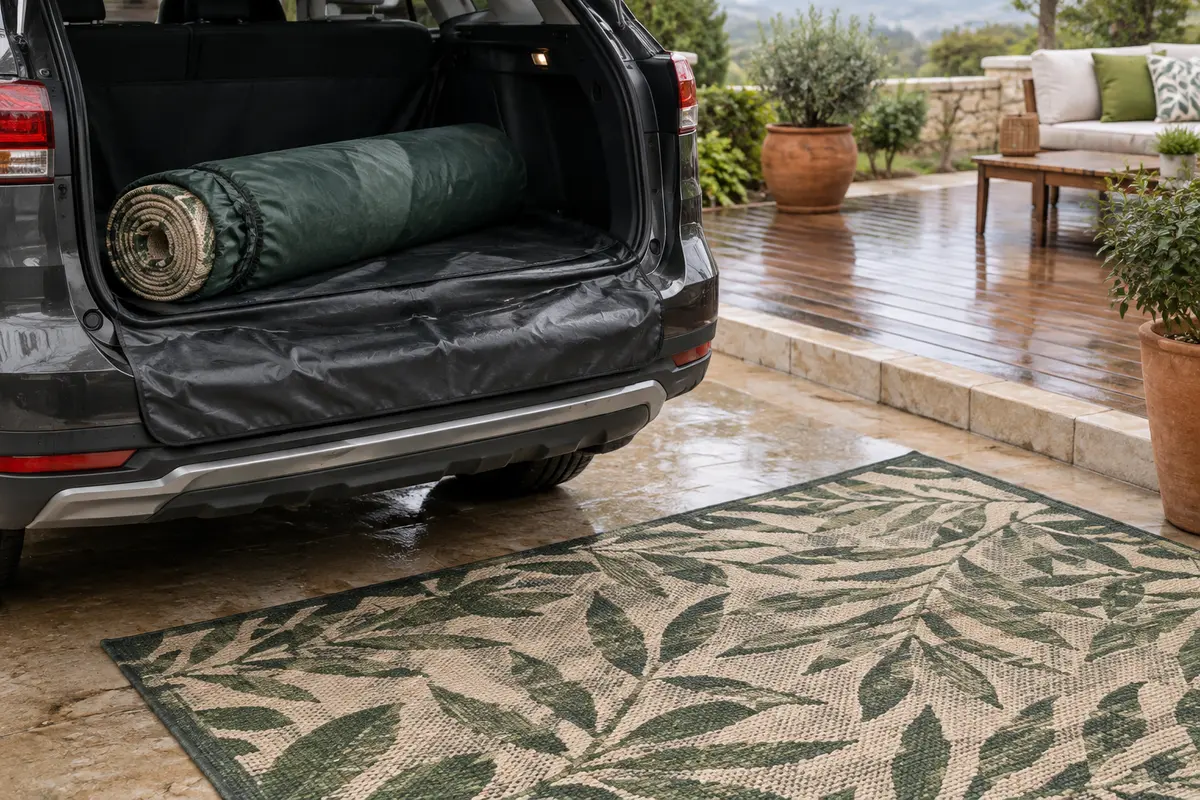 Grand tapis d’extérieur roulé et protégé dans un coffre de voiture garni d’une bâche propre.