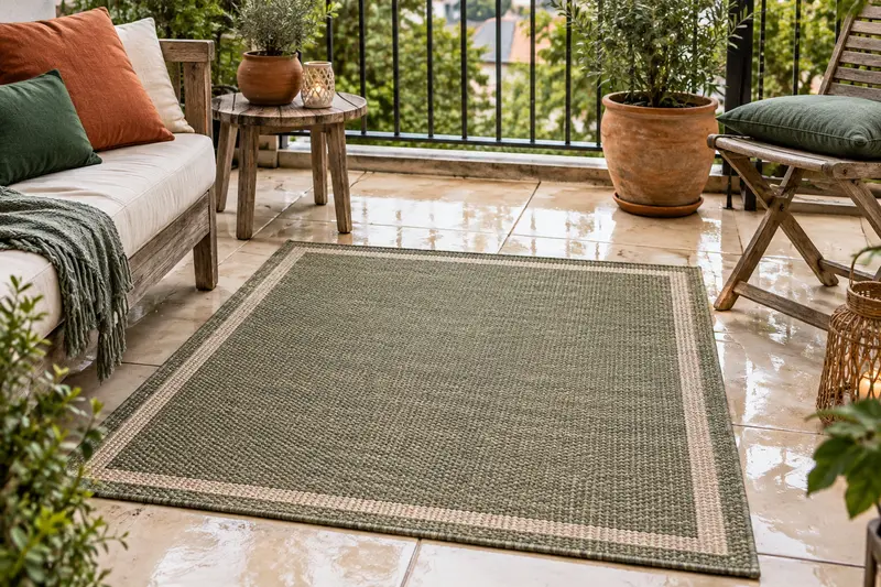 Détail d’un tapis d’extérieur sur une terrasse humide, avec bois patiné et feuillages discrets