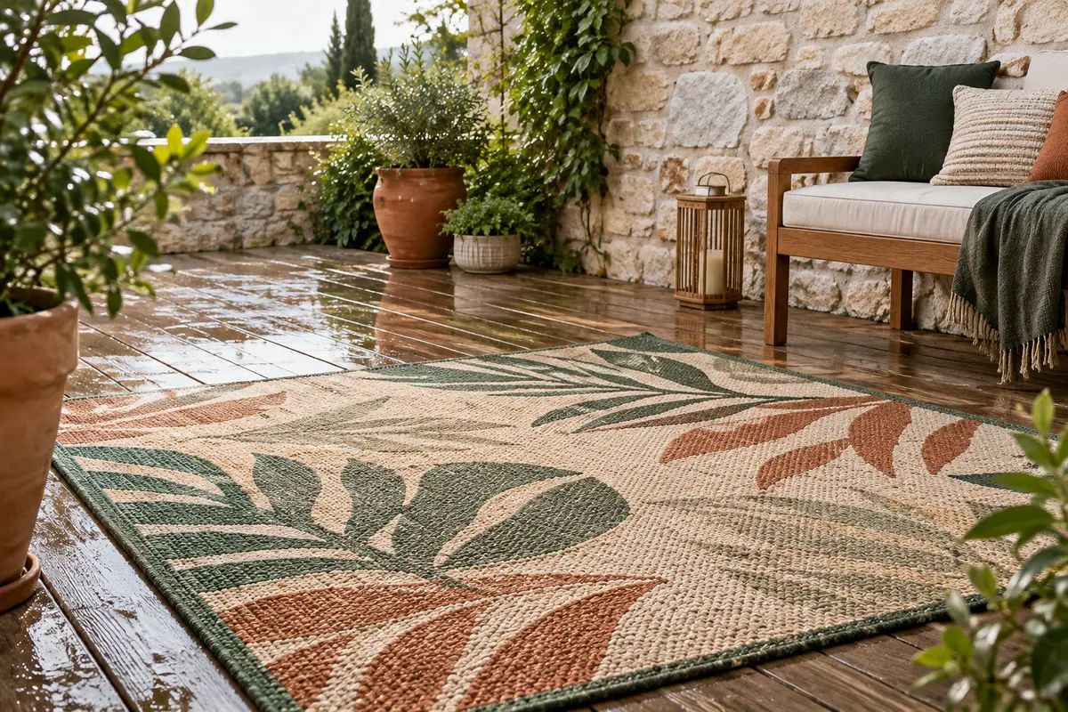 Tapis d’extérieur sur une terrasse en bois après la pluie, avec pierre claire et feuillages sobres
